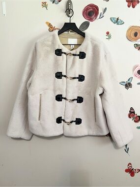 H&M Cream Teddy Toggle Jacket with Black Accents